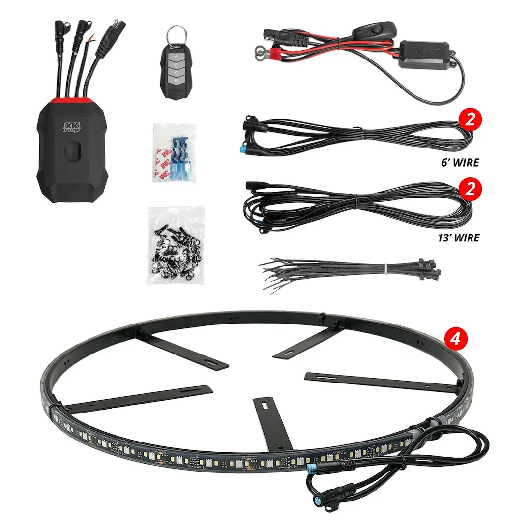MX-WHEEL-KIT – XK GLOW Wheel Light Ring, LED Mounts To Brake Dust Cover 12 Volt DC 11 Watt Per Wheel Ring With Four 1...